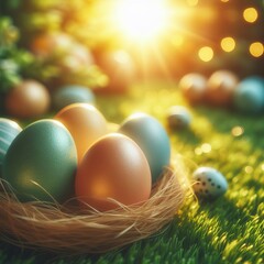 Obraz premium colorful easter eggs lie on the grass, illuminated by beautiful sunny yellow light