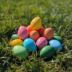 Fototapeta na wymiar colorful easter eggs lie on the grass, illuminated by beautiful sunny yellow light
