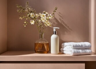 folded towel, bottle of liquid soap and flowers on a shelf in the bathroom