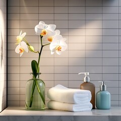 Obraz na płótnie Canvas folded towel, bottle of liquid soap and flowers on a shelf in the bathroom
