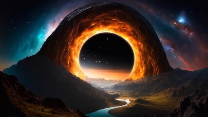 Astral Portal Through the Black Hole in Space Black Hole Portal Over a Majestic Mountain River