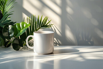 minimal white, gray, beige and black mugs. Mugs of coffee, tea and hot drinks on wooden floor surrounded by green plants and flowers. minimal textured patterns background.glass. 