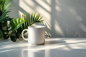 Foto op Plexiglas minimal white, gray, beige and black mugs. Mugs of coffee, tea and hot drinks on wooden floor surrounded by green plants and flowers. minimal textured patterns background.glass.  © Hazal