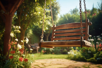 Naklejka premium An empty swing in a quiet garden, evoking a sense of nostalgia and lost childhood. Concept of nostalgia. Generative Ai.