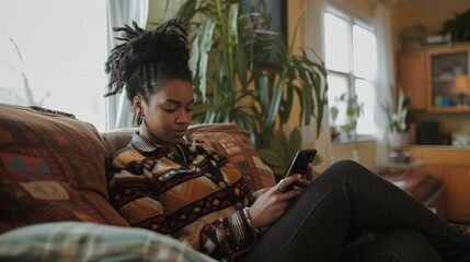 black woman holding and looking at smart phone sitting on sofa at home,  