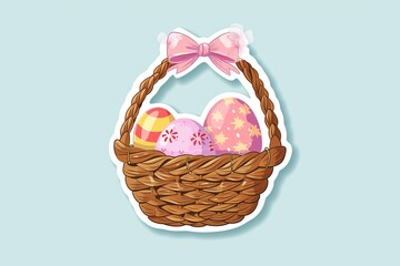 Fototapeta na wymiar A charming wicker hamper adorned with a festive easter sticker, perfect for storing and transporting eggs or as a thoughtful gift basket for a springtime picnic