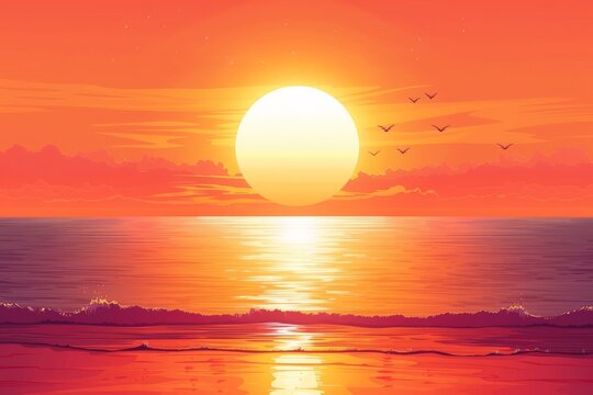 Nature's peaceful symphony, as the sun bids farewell to the day and the sky is painted with a warm afterglow over the serene waters, while birds dance in the horizon