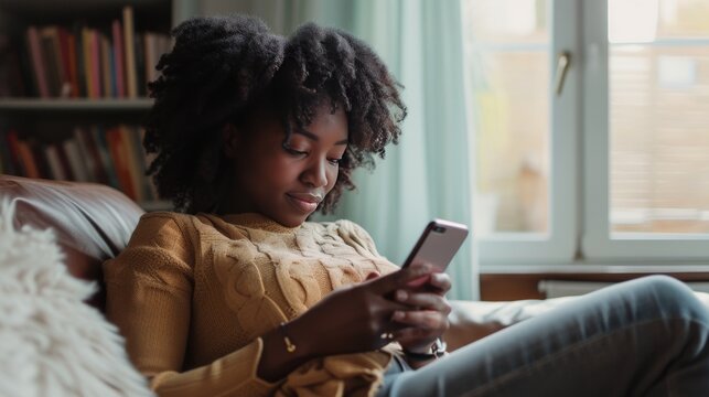 Black Woman Holding And Looking At Smart Phone Sitting On Sofa At Home, 