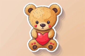Fototapeta premium A lovable teddy bear holds a heart, symbolizing its affection and charm in this endearing cartoon clipart
