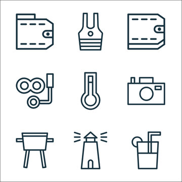 summer line icons. linear set. quality vector line set such as juice, lighthouses, barbeque, camera, temperature, snorkel, deposit, swimsuit.