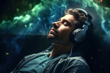 A person with headphones lost in the music, embodying the escapism and comfort found in melodies....