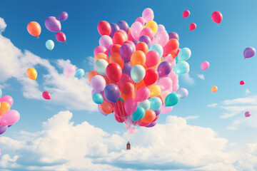 A series of colorful balloons drifting away into the sky, representing the release of burdens and lightness of being. Concept of emotional release. Generative Ai. - obrazy, fototapety, plakaty
