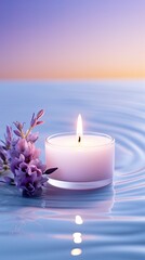 SPA and Zen concept, white burning candle in water, lavender flowers.