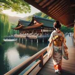  京都の水路閣を散策する和服の女性 - obrazy, fototapety, plakaty