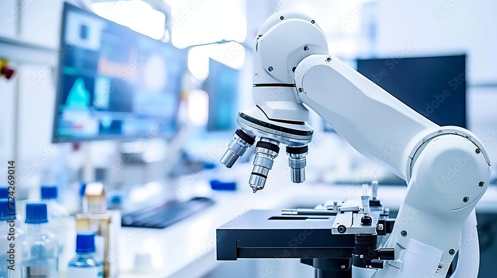Poster machine powered robotic arm performing tasks with blurred modern production line in background