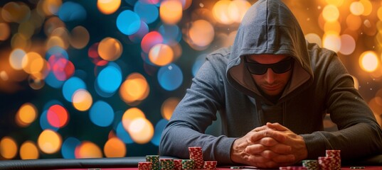 Hooded poker player gambling at casino table with blurred background, night tournament.