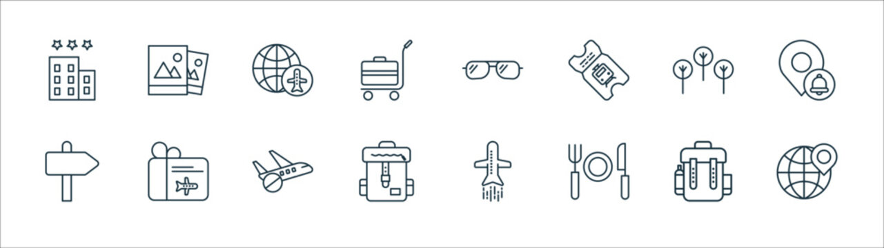travel line icons. linear set. quality vector line set such as map, restaurant, backpack,  , trees, airplane, sun glasses, photos.