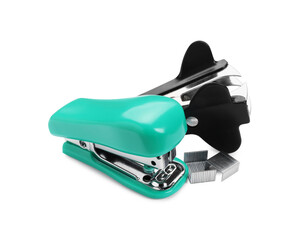 New bright stapler and staple remover isolated on white