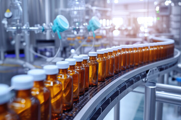 Fototapeta premium Manufacturing of pharmaceuticals glass bottles filled with liquid on automatic conveyor system AI Generation