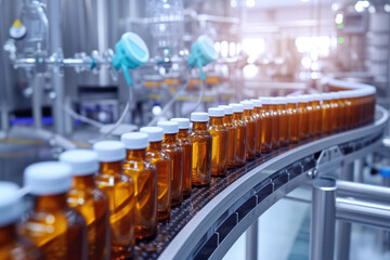 Manufacturing of pharmaceuticals glass bottles filled with liquid on automatic conveyor system AI Generation