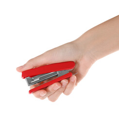 Woman holding red stapler on white background, closeup