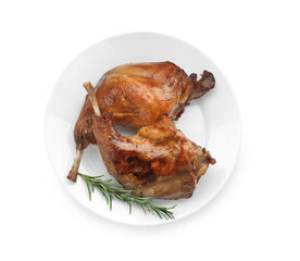 Tasty cooked rabbit meat with rosemary isolated on white, top view