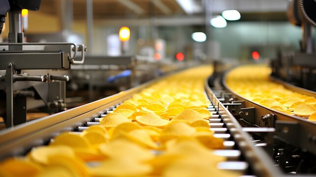 Automated potato chips packaging line on conveyor belt for crispy snack production