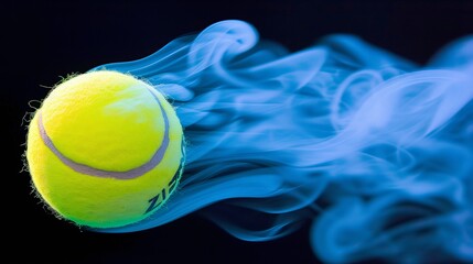 Vibrant tennis ball emerging from black background with mesmerizing colorful smoke trail. - obrazy, fototapety, plakaty