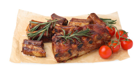 Tasty roasted pork ribs, rosemary and tomatoes isolated on white