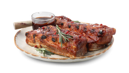 Tasty roasted pork ribs, sauce and rosemary isolated on white