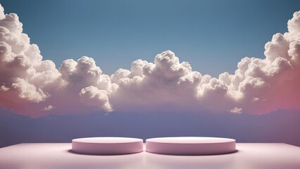 Daytime scene with an empty violet platform, 3D rendered under volumetric soft lighting, set in front of round clouds on a pastel purple background