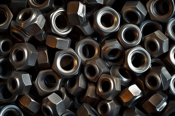 Close-Up Texture of Steel Nuts, Industrial Hardware Assembly - obrazy, fototapety, plakaty