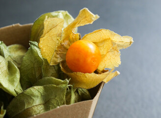 Close up of ripe delicious physalis fruit in a paper box on grey table