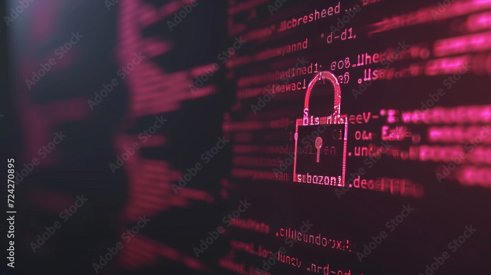 Poster secure software development computer screen with padlock symbol and blurred background, copy space