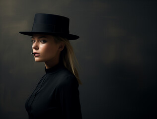 portrait of a woman with a black hat and black cigarette.Minimal creative fashion concept.Copy space,top view.Generative AI
