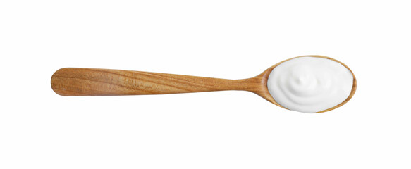 One wooden spoon with sour cream isolated on white, top view