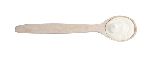 One wooden spoon with mayonnaise isolated on white, top view