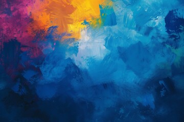 Colorful abstract painting with broad strokes of blue, red, and yellow. - obrazy, fototapety, plakaty