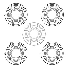 Circular frame spins, linear symbol rotates, circles frame loop, circle loading bar.