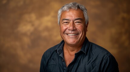 handsome over 60 years old hispanic man, smiling in front of a golden brown background  - obrazy, fototapety, plakaty
