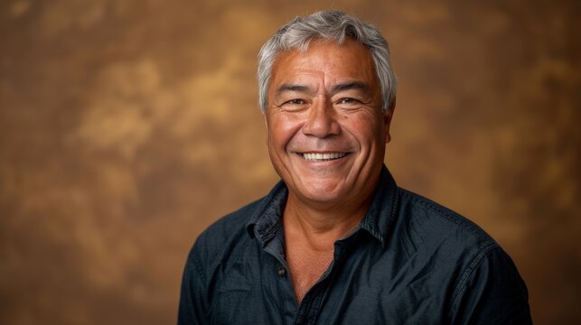handsome over 60 years old hispanic man, smiling in front of a golden brown background 