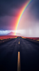 rainbow over the highway.Minimal creative nature and travel concept.Top view,copy space.Generative AI