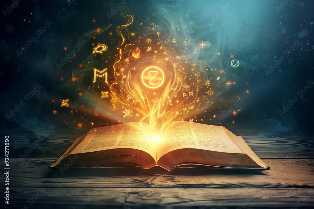 Poster a delicate open book with magical symbols floating above it