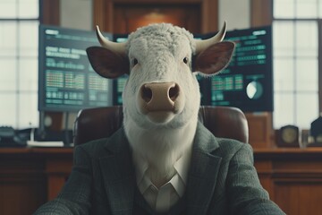 Bull market  anamorphic bull in green suit in old house with stock graphics on big monitor