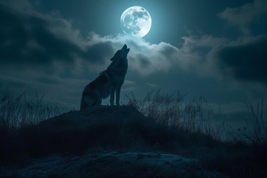 A serene Moonlit night with a lone wolf howling on a hill