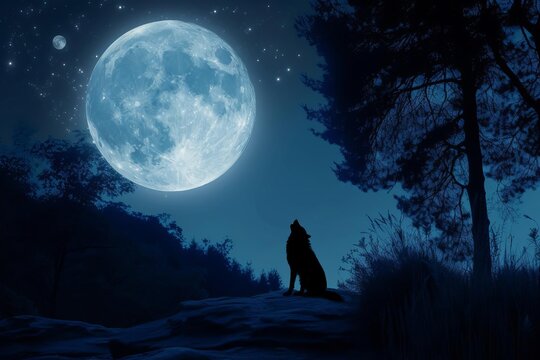 A serene Moonlit night with a lone wolf howling on a hill