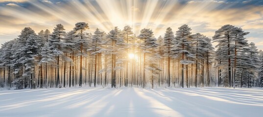 Tranquil winter forest with beautiful sun rays creating magical atmosphere as nature background