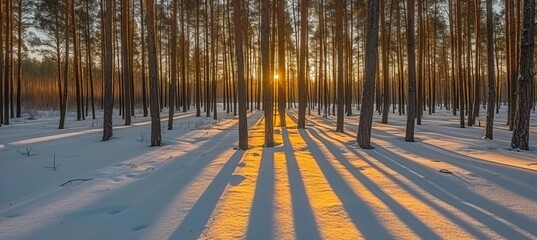 Enchanting silent winter forest with beautiful sun rays as magical background in a snowy wonderland