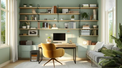 Fototapeta na wymiar sage yellow and amber home office with shelves and a desk, in the style of light gray and light gold