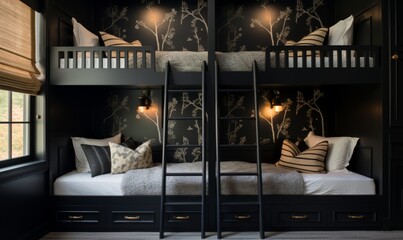 Bunk beds in elegant dark-toned bedroom with  and stylish botanical wallpaper.